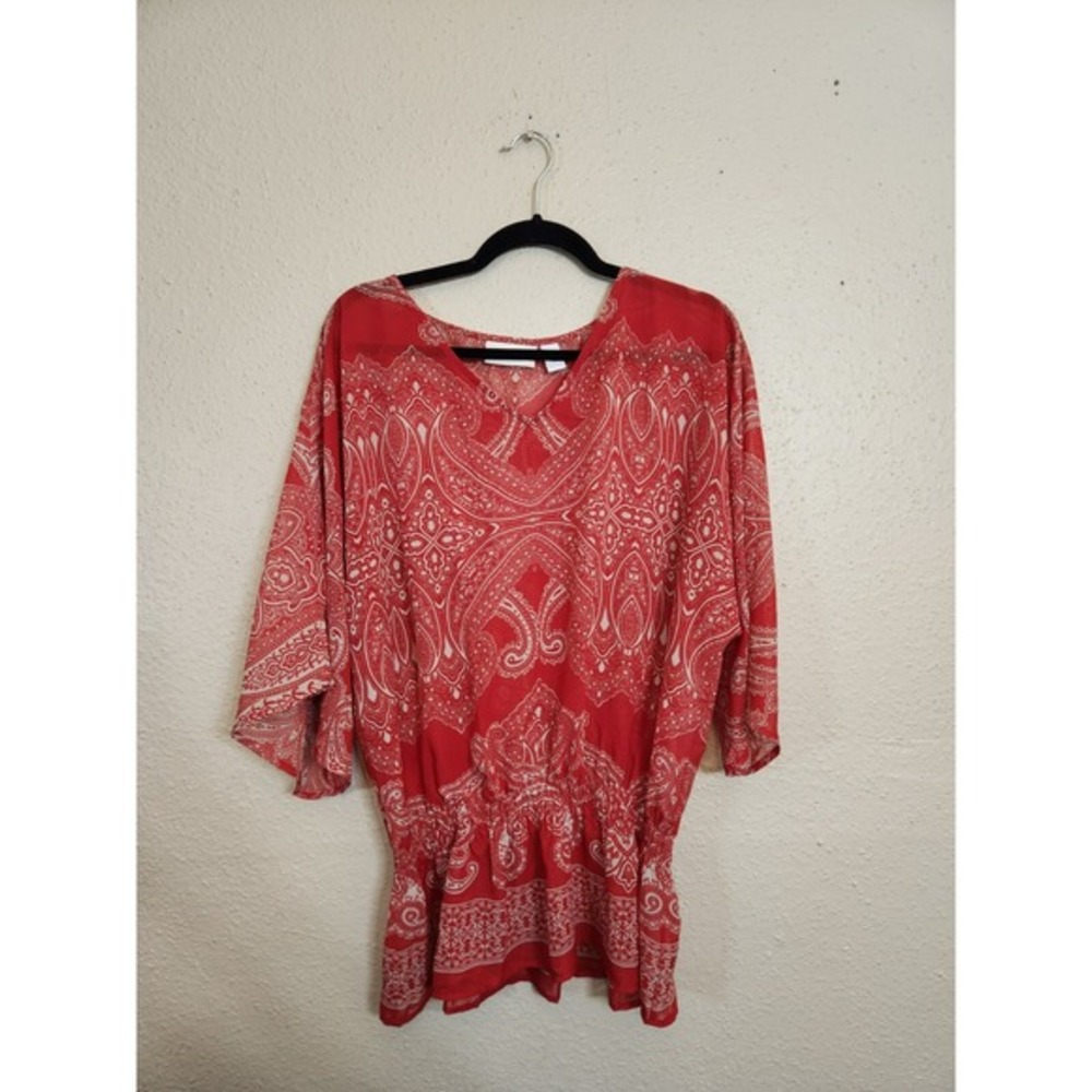 Chico's Womens Red Paisley V-Neck Cinched Waist Short Sleeve Sheer Blouse Size L